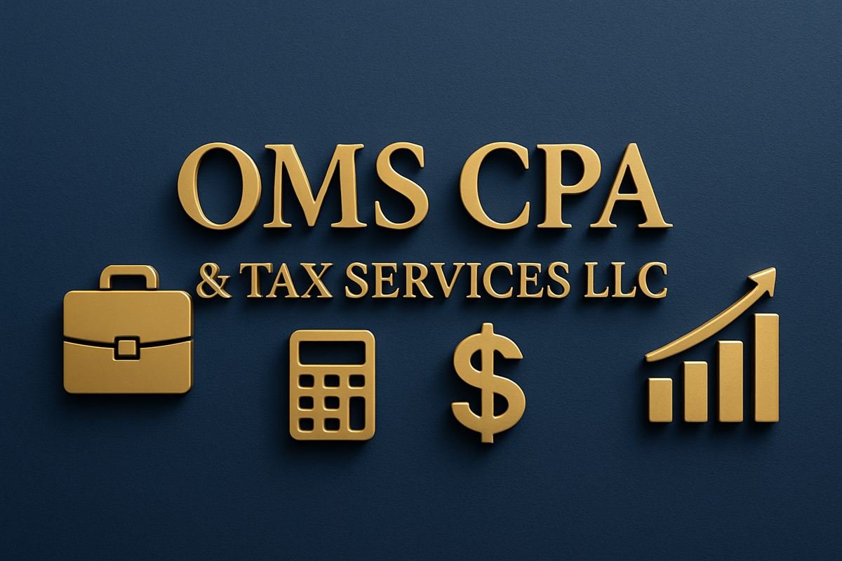 OMS CPA & Tax Services LLC in gold 3D lettering with briefcase, calculator and chart icons