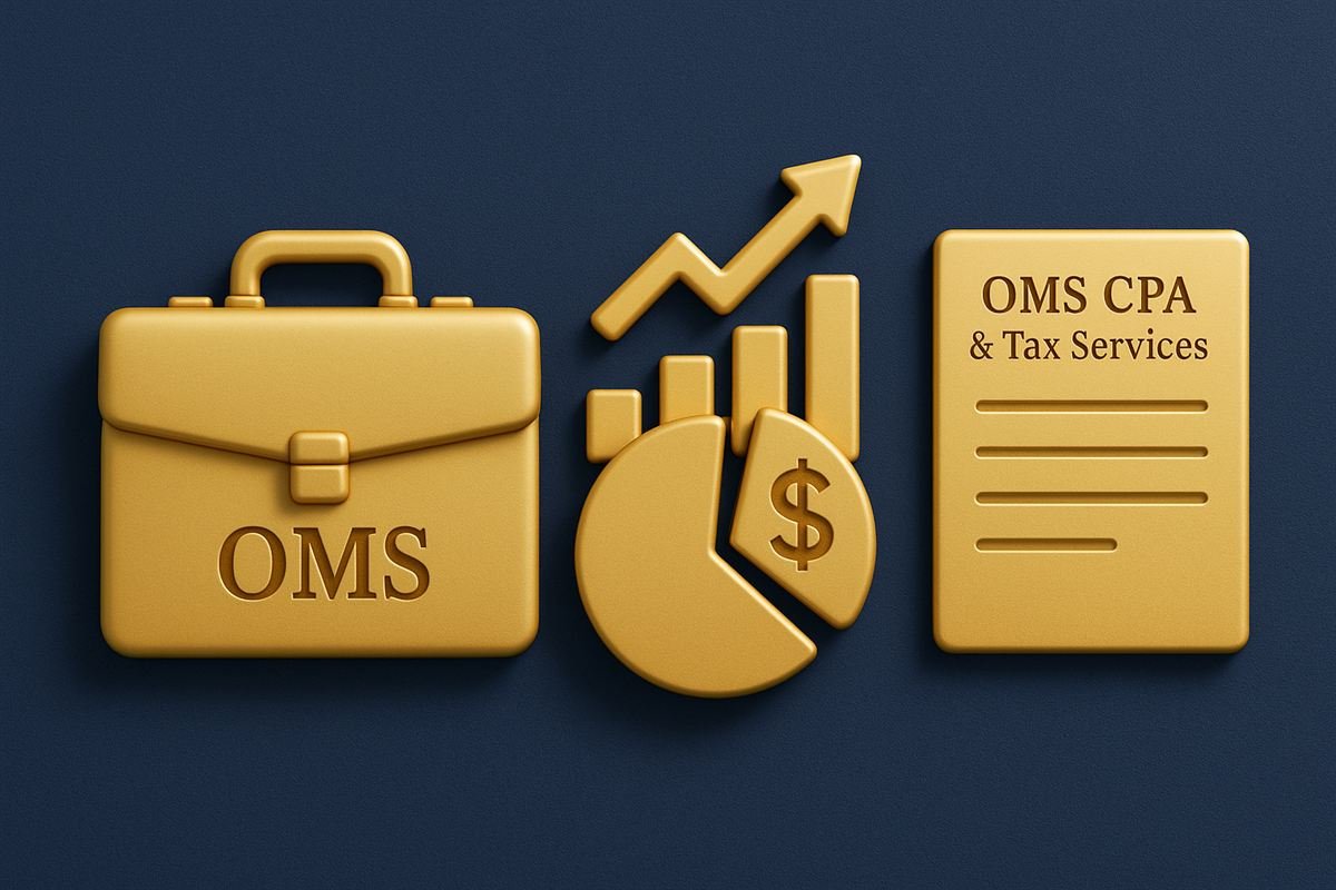 Gold 3D briefcase, growth chart and OMS CPA document on navy