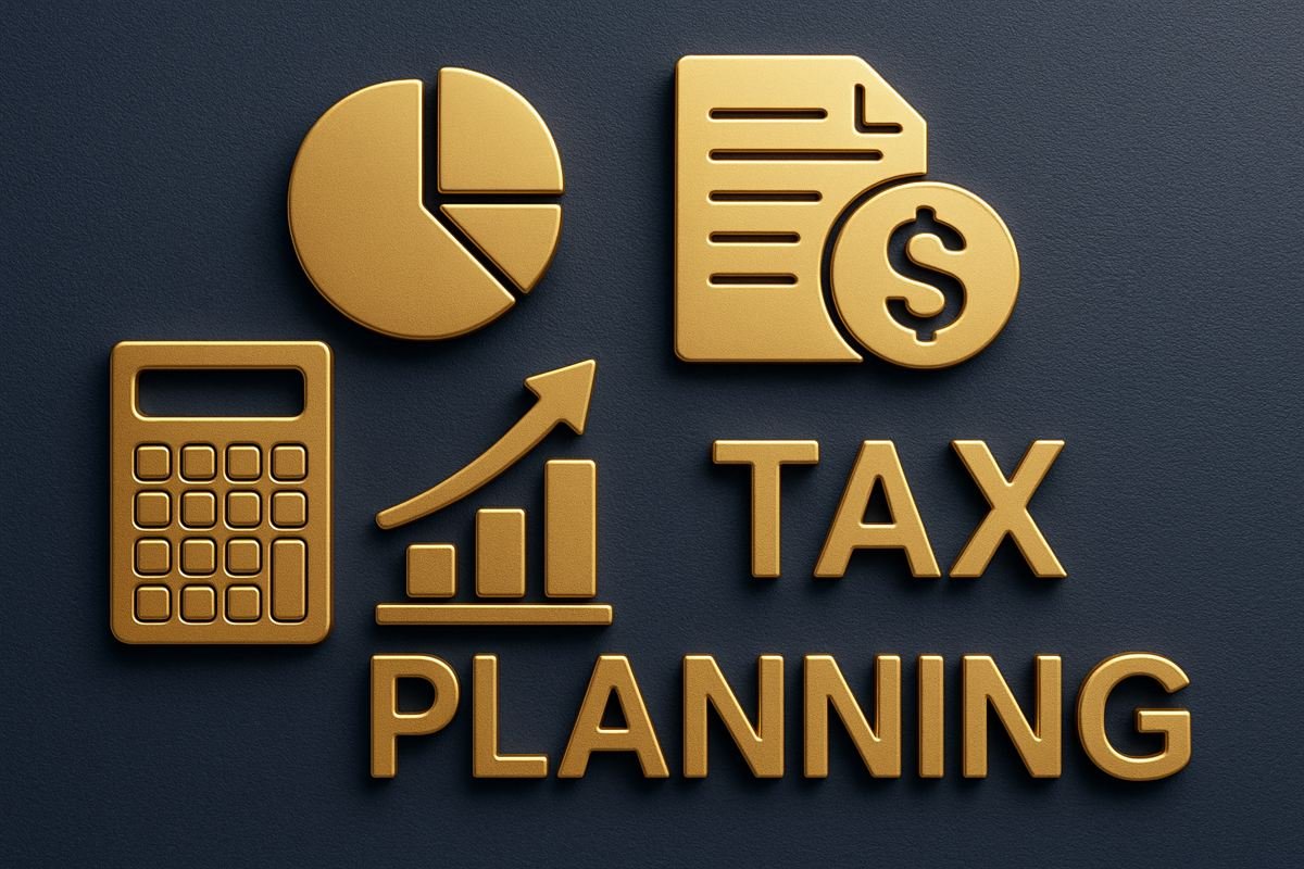 Gold 3D Tax Planning icons: calculator, pie chart and growth chart